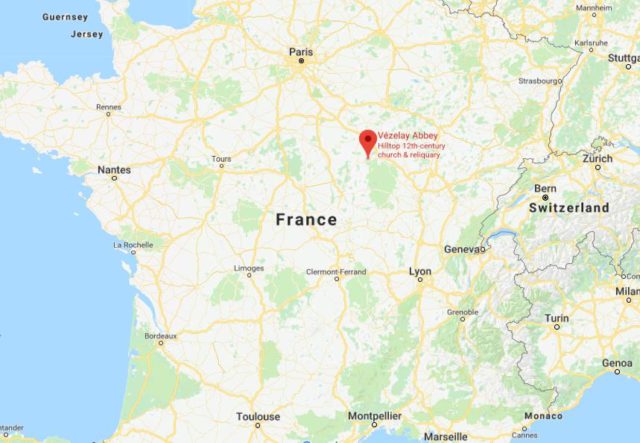 Where is Vezelay Abbey located on map of France