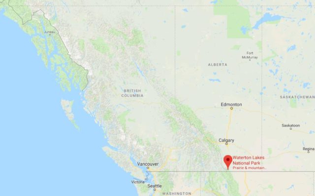 Where is Waterton Lakes National Park located on map of West Canada