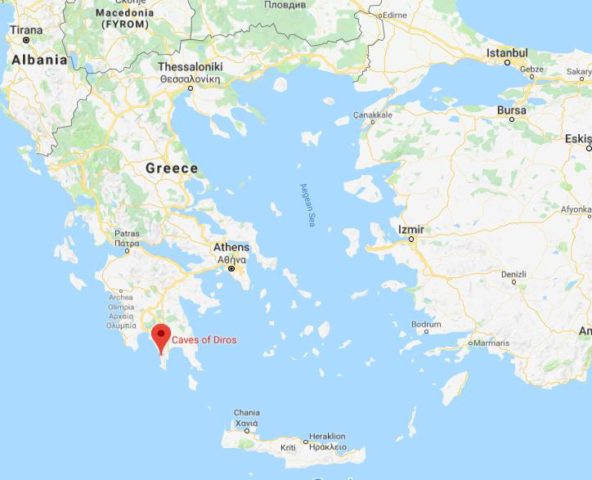 Where are Caves of Diros located on map of Greece