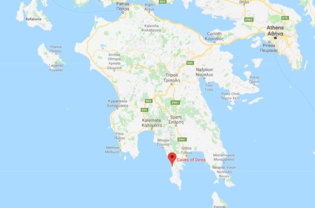 Where are Caves of Diros located on map of Peloponnese