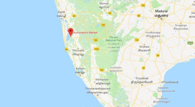 Where is Kumarakom located on map of Kerala