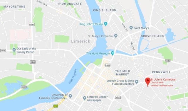 Where is St John's Cathedral located on map of Limerick