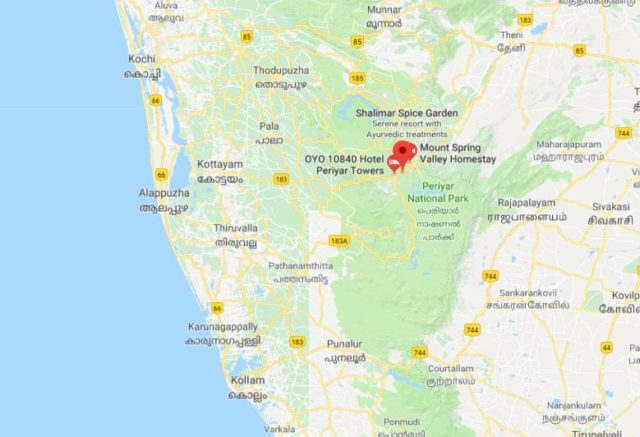 Where is Thekkady located on map of Kerala