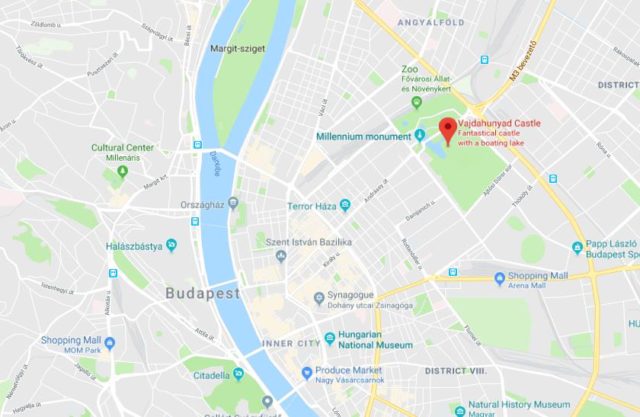 Where is Vajdahunyad Castle located on map of Budapest