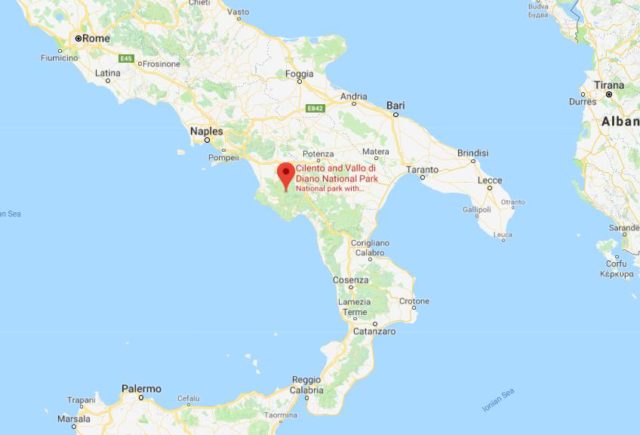 Where is Cilento and Vallo di Diano National Park located on map of South of Italy