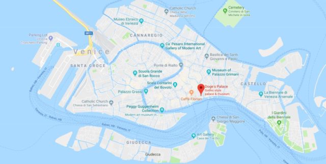 Where is Doge's Palace located on map of Venice