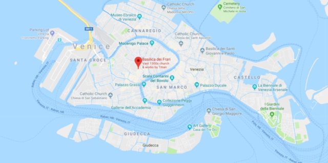 Where is Frari Basilica located on map of Venice