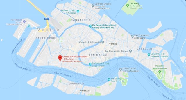 Where is San Sebastiano Church located on map of Venice