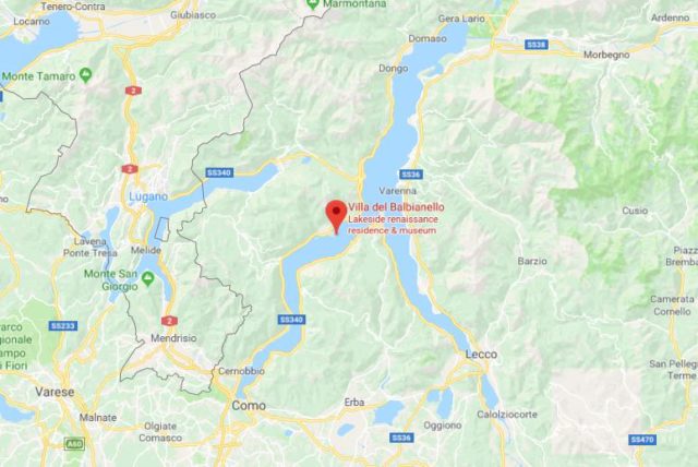 Where is Villa del Balbianello located on map of Lake Como