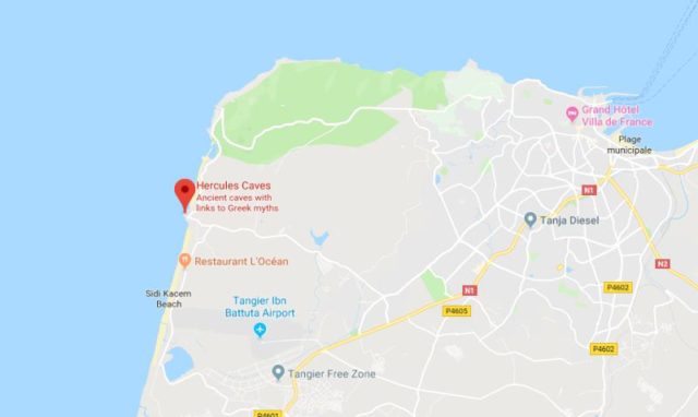 Hercules Caves on map of Tangier