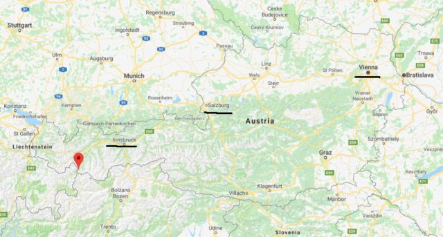 Nauders on map on map of Austria